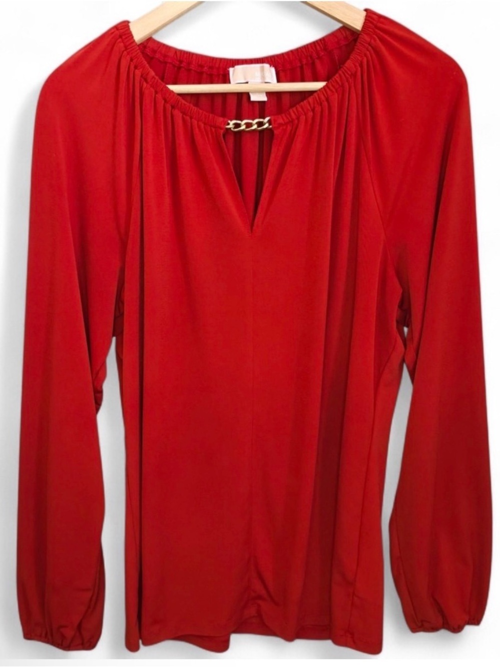 Michael Kors Red Long Sleeve Top with Gold Chain Accent